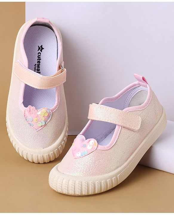Cute Walk by Babyhug Velcro Closure Casual Shoes with Sequin Heart Applique - Pink