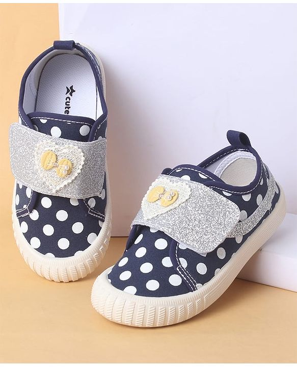 Cute Walk by Babyhug Polka Dots Printed Casual Shoes with Heart Bow Applique & Velcro Closure - Navy Blue