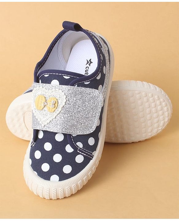 Cute Walk by Babyhug Polka Dots Printed Casual Shoes with Heart Bow Applique & Velcro Closure - Navy Blue