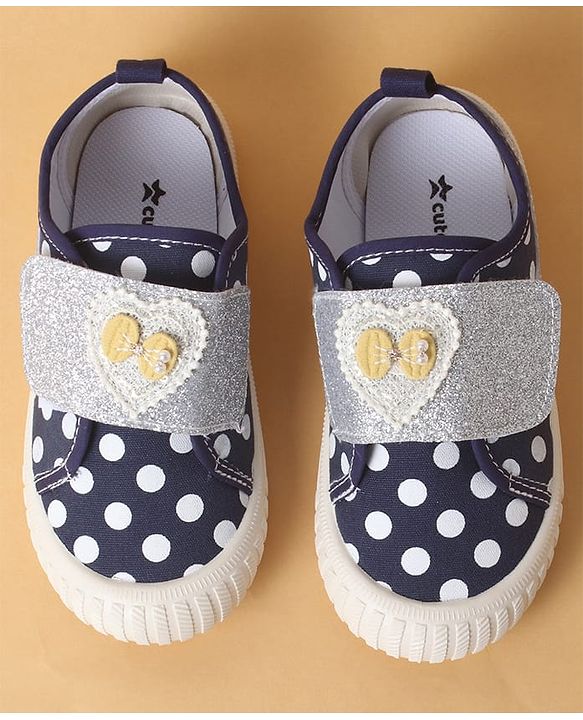 Cute Walk by Babyhug Polka Dots Printed Casual Shoes with Heart Bow Applique & Velcro Closure - Navy Blue