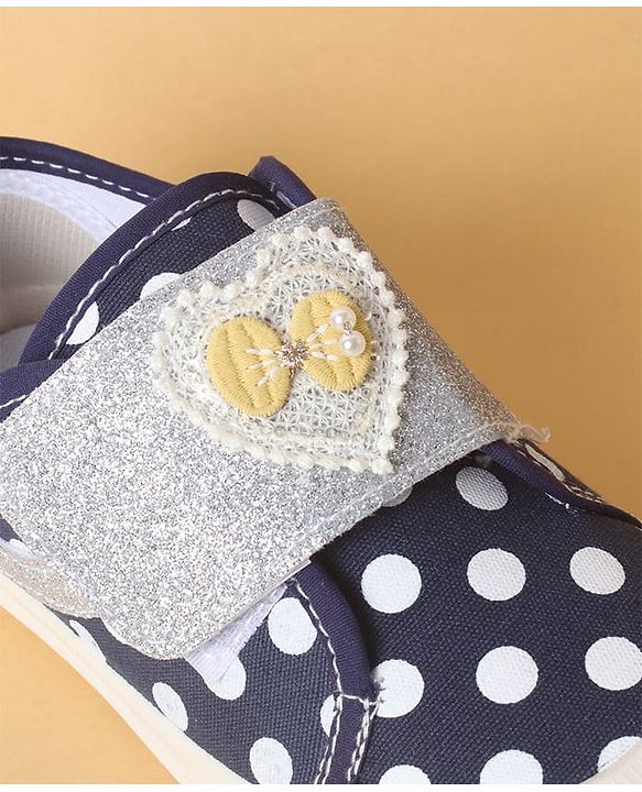 Cute Walk by Babyhug Polka Dots Printed Casual Shoes with Heart Bow Applique & Velcro Closure - Navy Blue