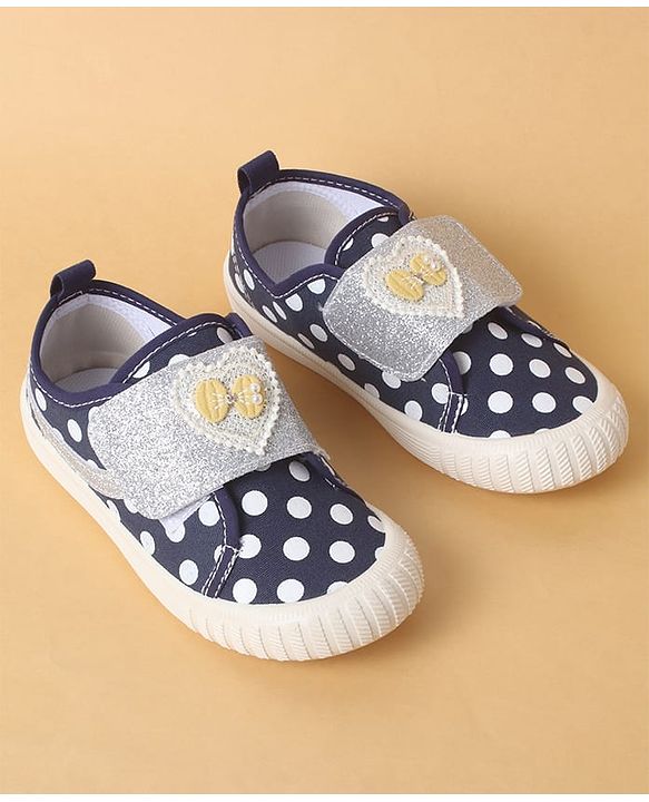 Cute Walk by Babyhug Polka Dots Printed Casual Shoes with Heart Bow Applique & Velcro Closure - Navy Blue
