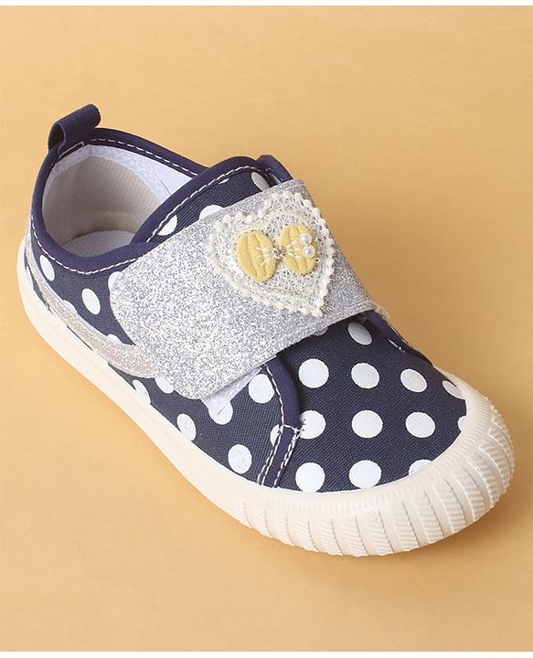 Cute Walk by Babyhug Polka Dots Printed Casual Shoes with Heart Bow Applique & Velcro Closure - Navy Blue