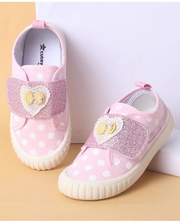 Cute Walk by Babyhug Polka Dots Printed Casual Shoes with Heart Bow Applique & Velcro Closure - Navy Blue