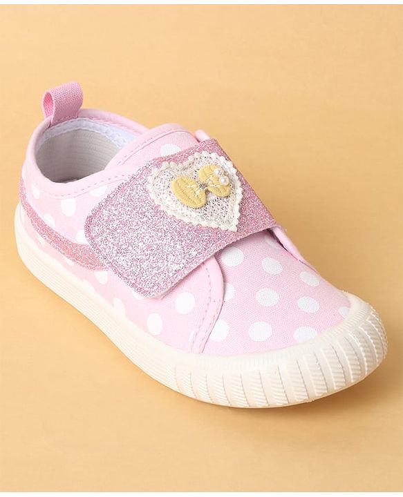 Cute Walk by Babyhug Polka Dots Printed Casual Shoes with Heart Bow Applique & Velcro Closure - Navy Blue