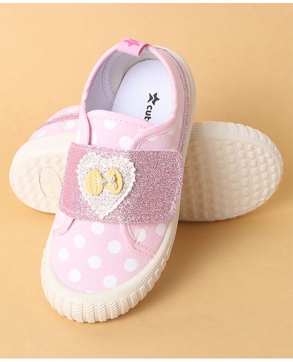 Cute Walk by Babyhug Polka Dots Printed Casual Shoes with Heart Bow Applique & Velcro Closure - Navy Blue