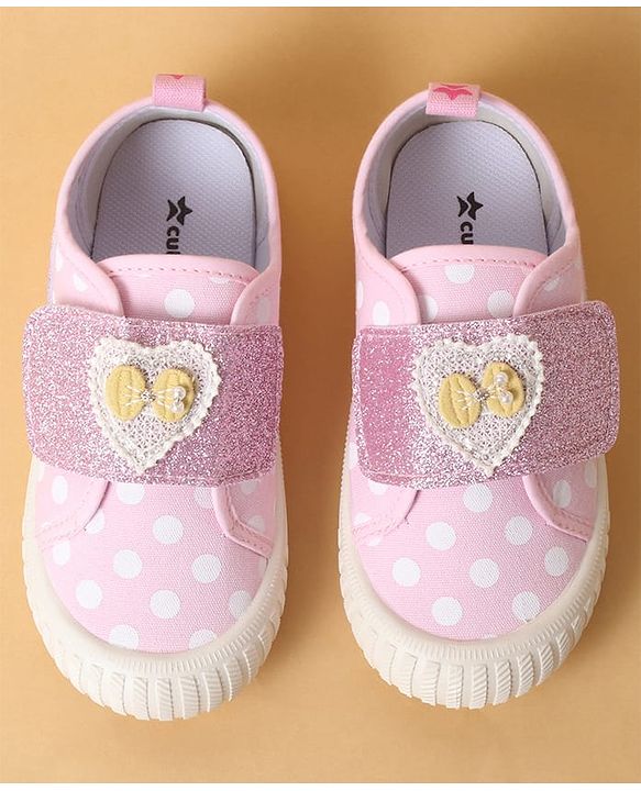 Cute Walk by Babyhug Polka Dots Printed Casual Shoes with Heart Bow Applique & Velcro Closure - Navy Blue