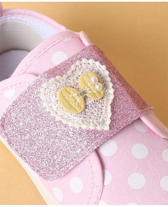 Cute Walk by Babyhug Polka Dots Printed Casual Shoes with Heart Bow Applique & Velcro Closure - Navy Blue