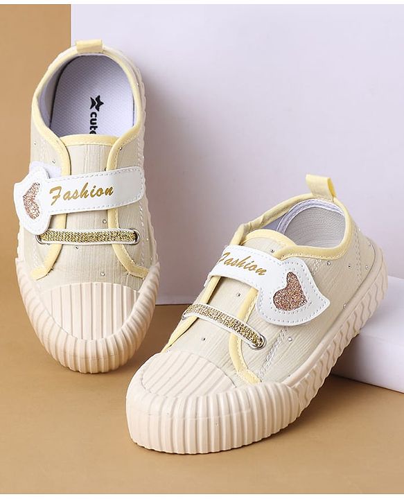 Cute Walk by Babyhug Velcro Closure Casual Shoes with Heart Sequin Detailing - Light Yellow