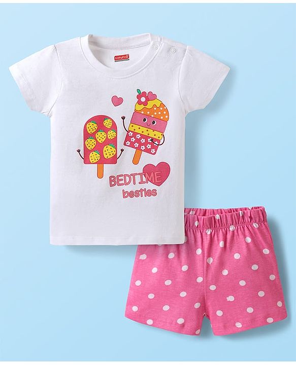 Babyhug Cotton Knit Half Sleeves Shorts Night Suit with Popsicle Print - White & Pink