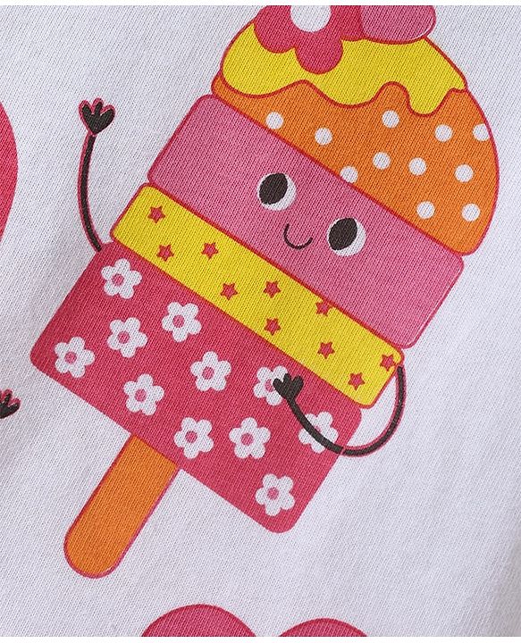Babyhug Cotton Knit Half Sleeves Shorts Night Suit with Popsicle Print - White & Pink