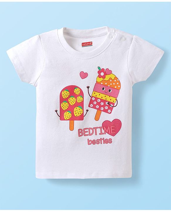Babyhug Cotton Knit Half Sleeves Shorts Night Suit with Popsicle Print - White & Pink