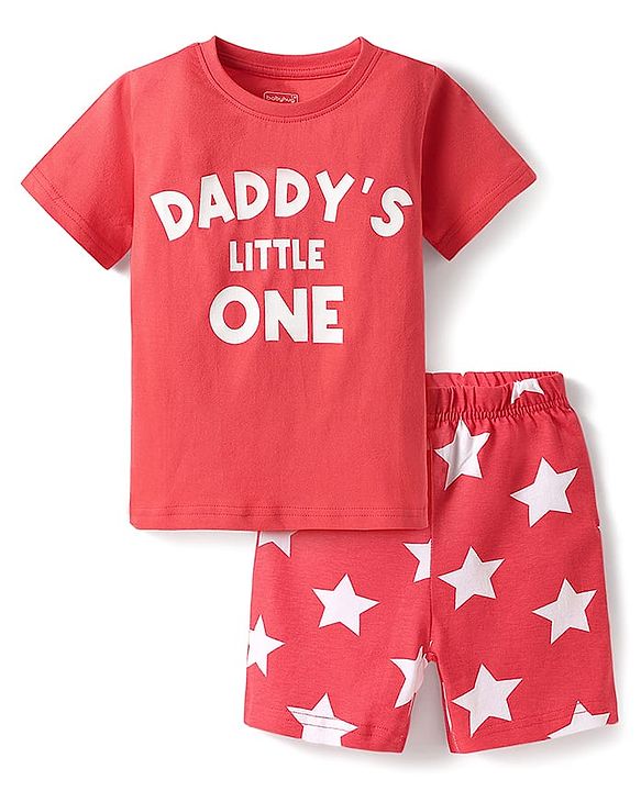 Babyhug Cotton Knit Half Sleeves Shorts Night Suit with Text & Stars Print - Red