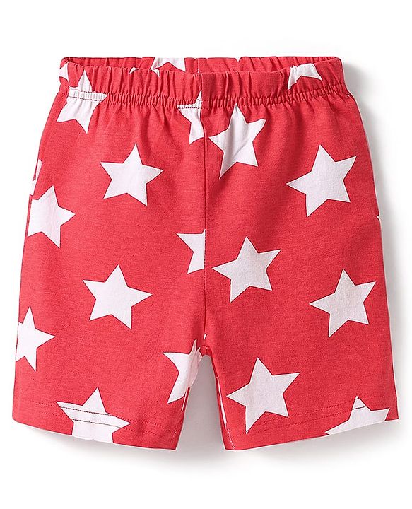Babyhug Cotton Knit Half Sleeves Shorts Night Suit with Text & Stars Print - Red