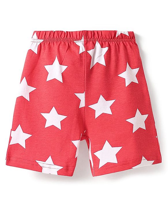 Babyhug Cotton Knit Half Sleeves Shorts Night Suit with Text & Stars Print - Red