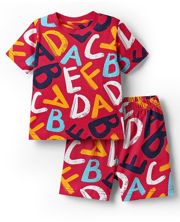 Babyhug 100% Cotton Knit Half Sleeves Co-ords Shorts Night Suit with Alphabet Print - Red