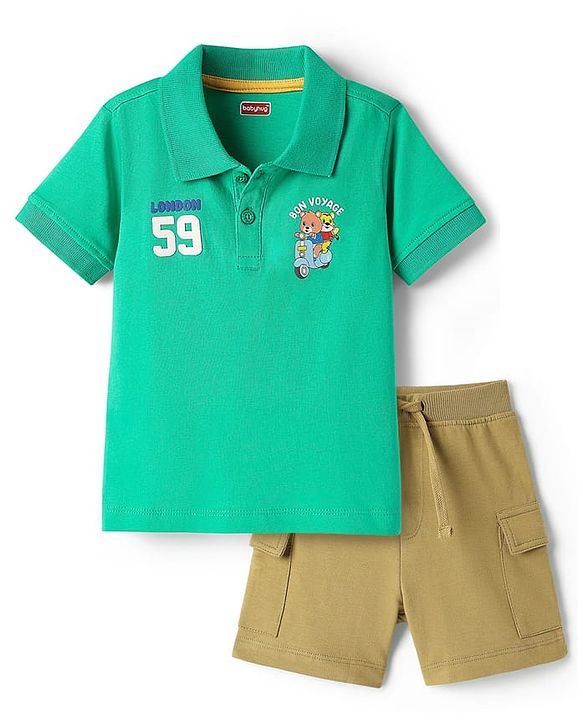 Babyhug 100% Cotton Knit Half Sleeves Animal Print Polo T-Shirt & Short Set - Green & Brown