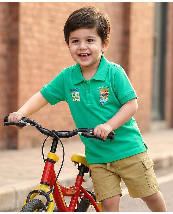Babyhug 100% Cotton Knit Half Sleeves Animal Print Polo T-Shirt & Short Set - Green & Brown