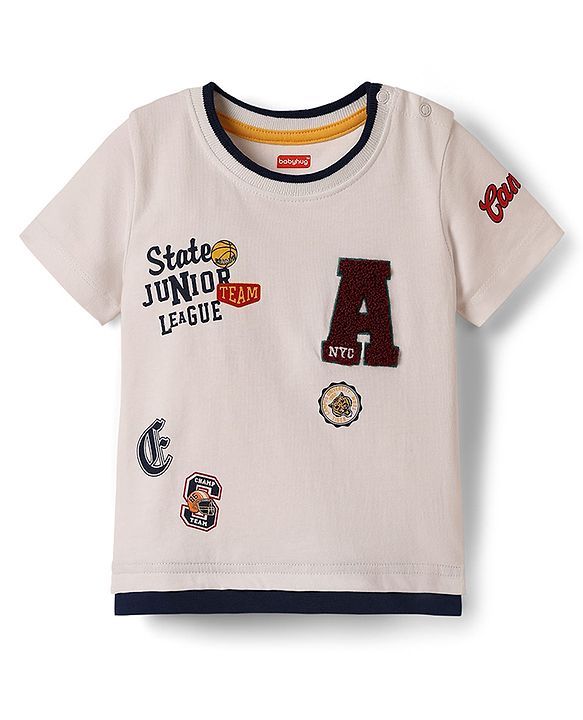 Babyhug Cotton Knit Half Sleeves T-Shirt & Shorts Set with Sports Theme Print & Patch Detailing - White & Blue