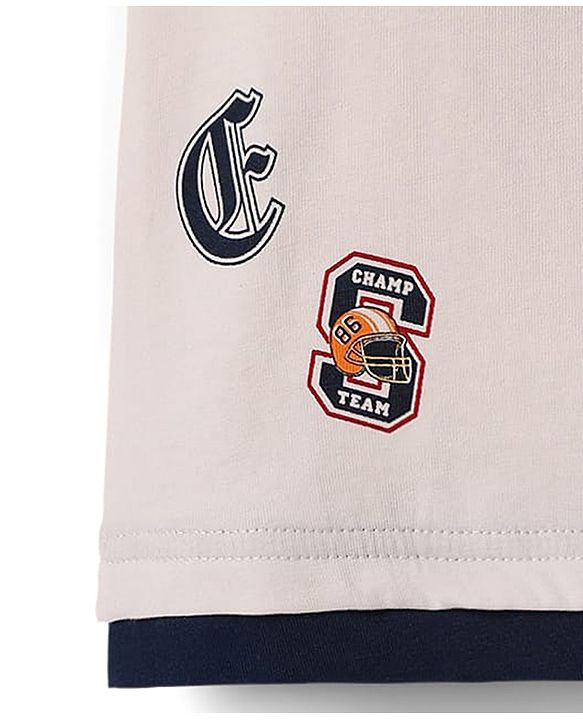 Babyhug Cotton Knit Half Sleeves T-Shirt & Shorts Set with Sports Theme Print & Patch Detailing - White & Blue