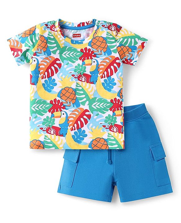 Babyhug Single Jersey Knit Half Sleeves T-Shirt & Shorts Set Toucan Print- White & Blue