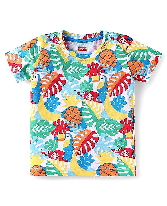 Babyhug Single Jersey Knit Half Sleeves T-Shirt & Shorts Set Toucan Print- White & Blue