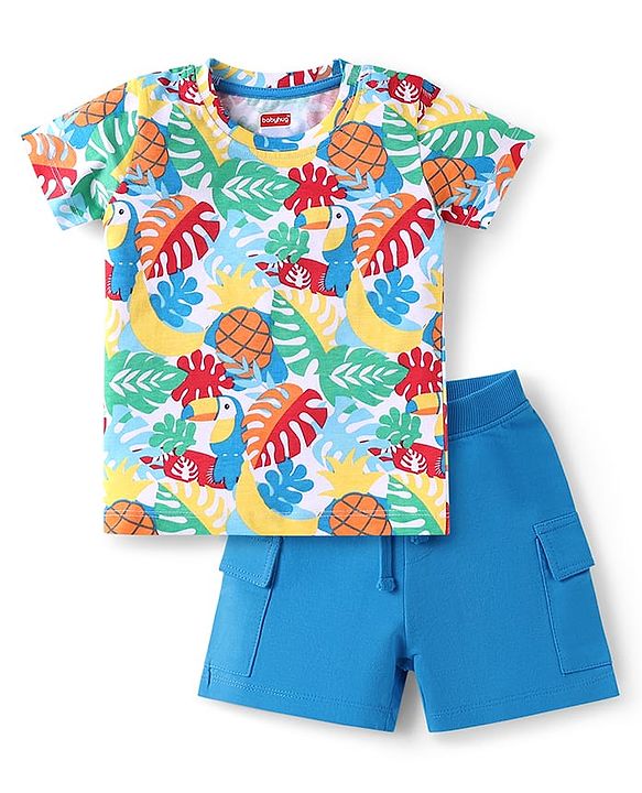 Babyhug Single Jersey Knit Half Sleeves T-Shirt & Shorts Set Toucan Print- White & Blue