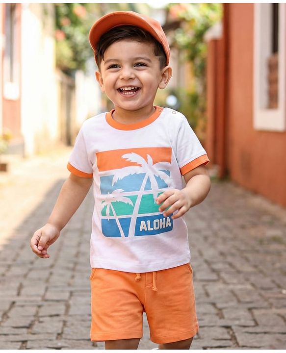 Babyhug Single Jersey Knit Half Sleeves T-Shirt & Shorts Set With Beach Theme Print - White & Orange