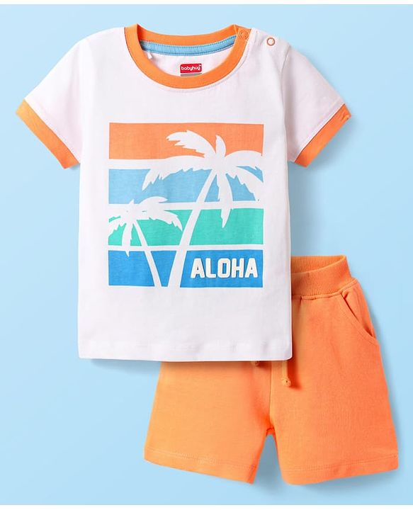 Babyhug Single Jersey Knit Half Sleeves T-Shirt & Shorts Set With Beach Theme Print - White & Orange