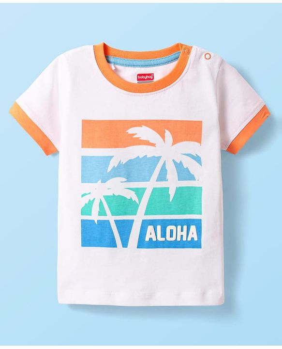 Babyhug Single Jersey Knit Half Sleeves T-Shirt & Shorts Set With Beach Theme Print - White & Orange