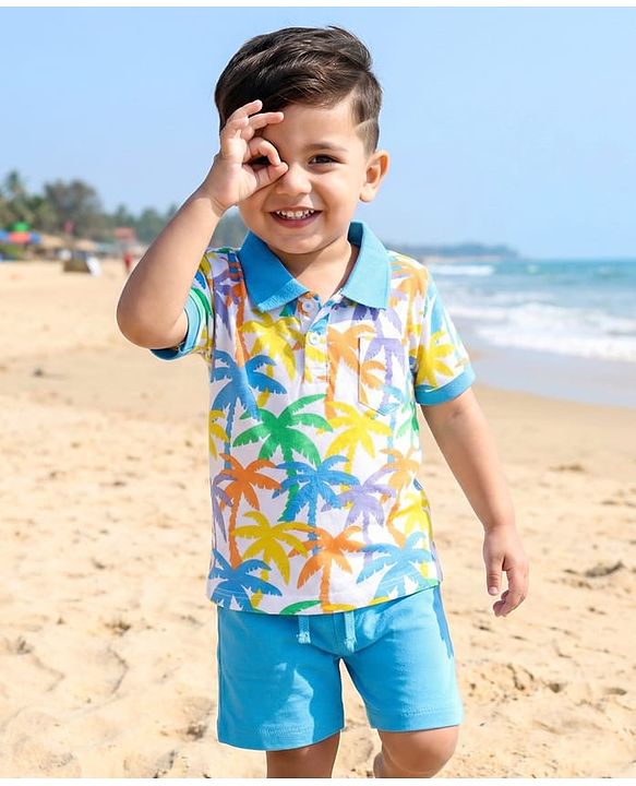 Babyhug 100% Cotton Knit Half Sleeves Tropical Theme Printed Polo T-Shirt & Short Set - Blue