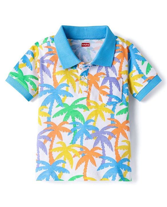 Babyhug 100% Cotton Knit Half Sleeves Tropical Theme Printed Polo T-Shirt & Short Set - Blue