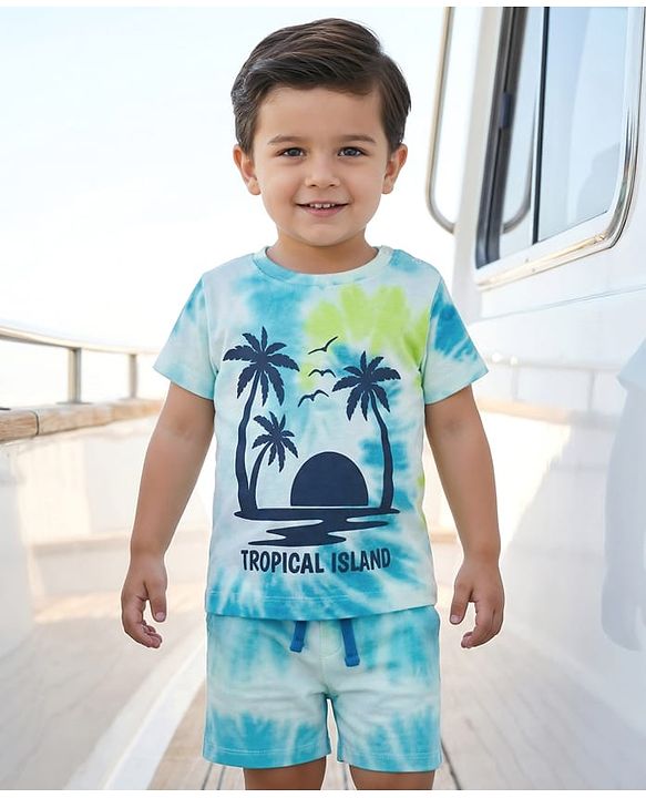 Babyhug Single Jersey Knit Half Sleeves Tie & Dye T-Shirt & Shorts Set with Tropical Theme Print - Light Blue