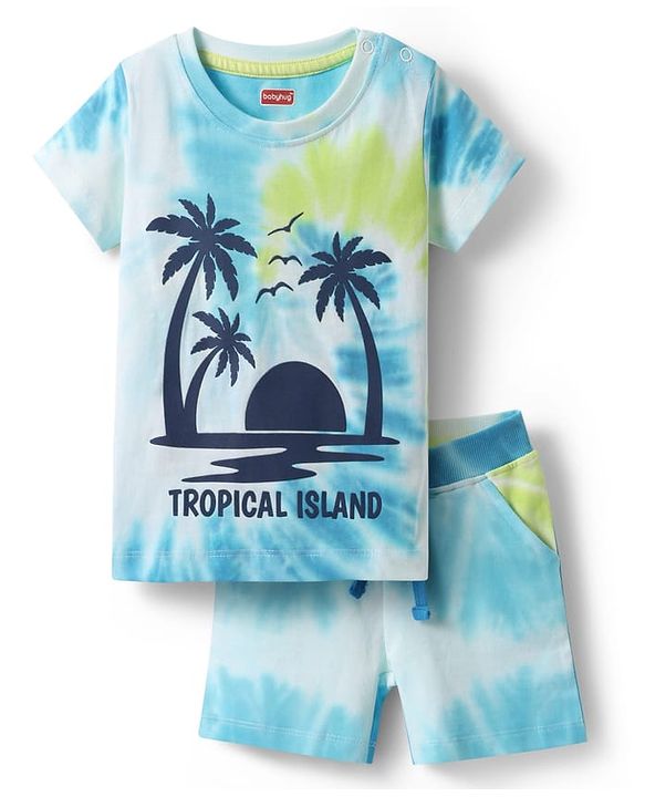 Babyhug Single Jersey Knit Half Sleeves Tie & Dye T-Shirt & Shorts Set with Tropical Theme Print - Light Blue