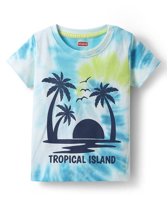 Babyhug Single Jersey Knit Half Sleeves Tie & Dye T-Shirt & Shorts Set with Tropical Theme Print - Light Blue