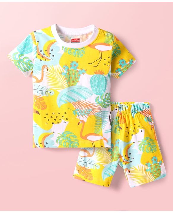 Babyhug Cotton Knit Half Sleeves Shorts Night Suit With Tropical Print - Multicolor