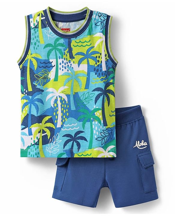 Babyhug Single Jersey Knit Sleeveless Tank T-Shirt & Shorts Set with Tropical Theme Print - Navy Blue