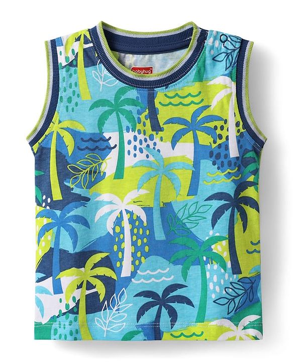 Babyhug Single Jersey Knit Sleeveless Tank T-Shirt & Shorts Set with Tropical Theme Print - Navy Blue