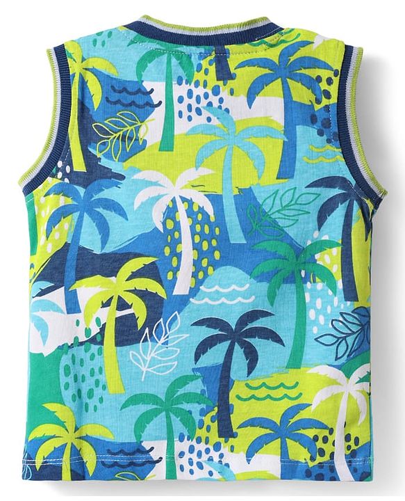 Babyhug Single Jersey Knit Sleeveless Tank T-Shirt & Shorts Set with Tropical Theme Print - Navy Blue
