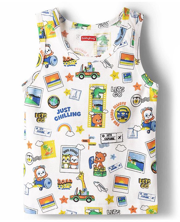 Babyhug 100% Cotton Single Jersey Knit Sleeveless Sando & Shorts Set With Vehicle & Animal Print - White & Orange