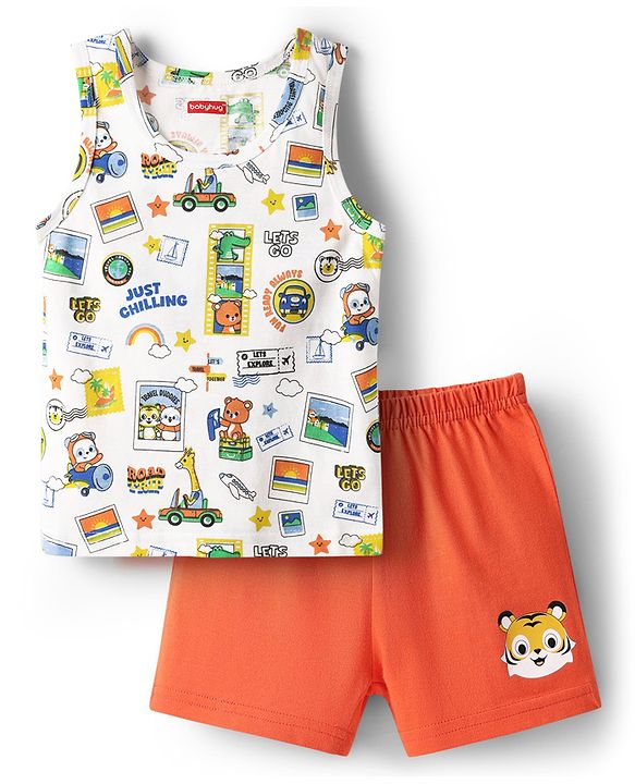 Babyhug 100% Cotton Single Jersey Knit Sleeveless Sando & Shorts Set With Vehicle & Animal Print - White & Orange