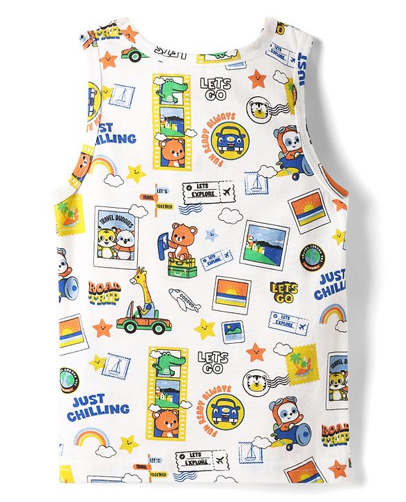 Babyhug 100% Cotton Single Jersey Knit Sleeveless Sando & Shorts Set With Vehicle & Animal Print - White & Orange