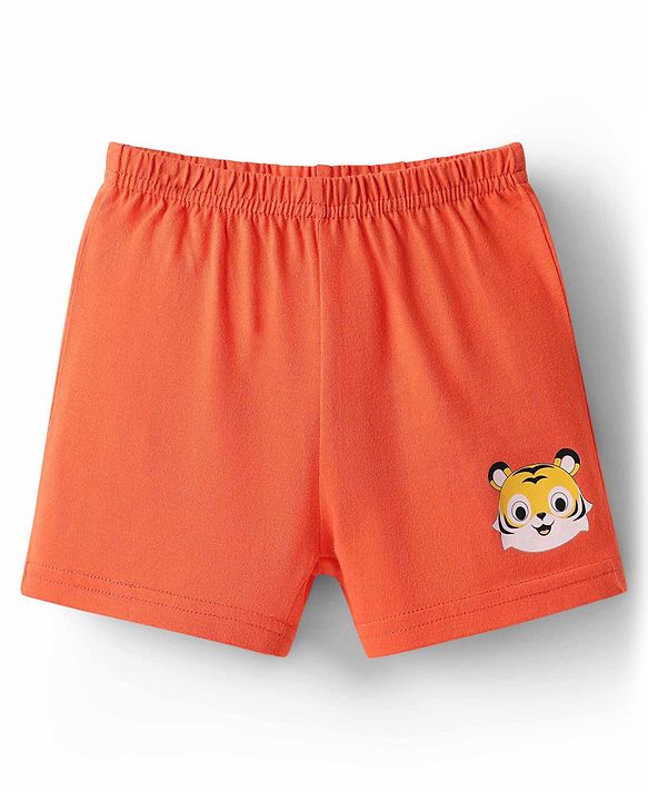 Babyhug 100% Cotton Single Jersey Knit Sleeveless Sando & Shorts Set With Vehicle & Animal Print - White & Orange