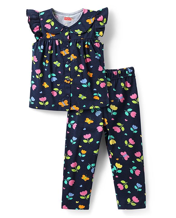 Babyhug Cotton Knit Frill Sleeves Night Suit With Floral & Butterfly Print - Navy Blue