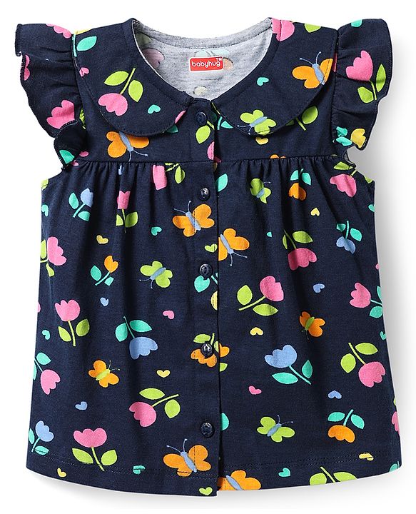 Babyhug Cotton Knit Frill Sleeves Night Suit With Floral & Butterfly Print - Navy Blue