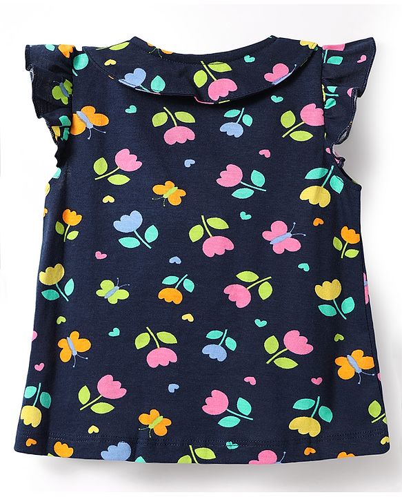 Babyhug Cotton Knit Frill Sleeves Night Suit With Floral & Butterfly Print - Navy Blue