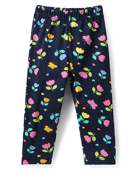 Babyhug Cotton Knit Frill Sleeves Night Suit With Floral & Butterfly Print - Navy Blue