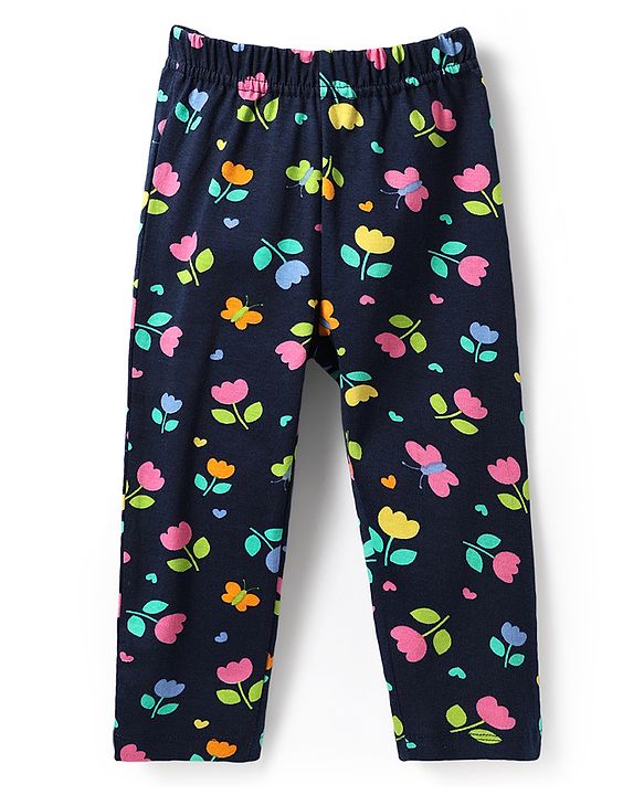 Babyhug Cotton Knit Frill Sleeves Night Suit With Floral & Butterfly Print - Navy Blue