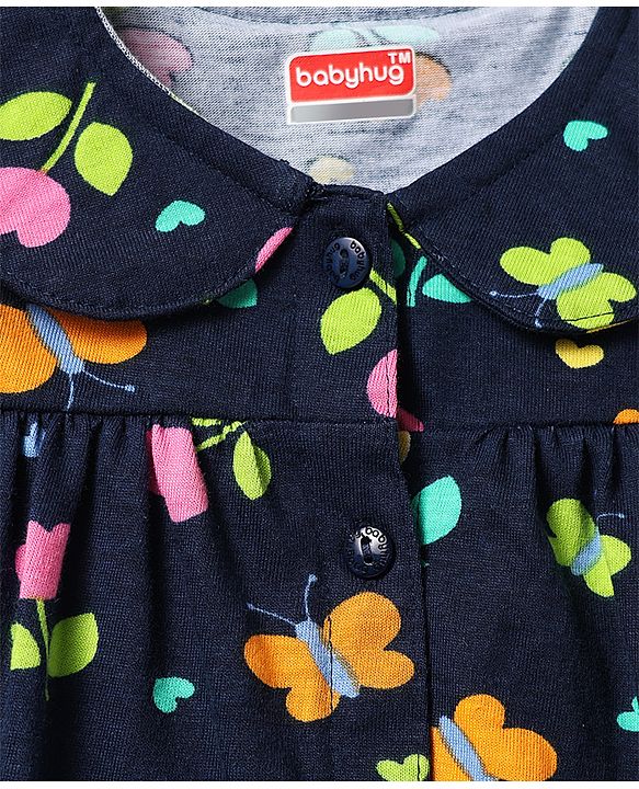 Babyhug Cotton Knit Frill Sleeves Night Suit With Floral & Butterfly Print - Navy Blue