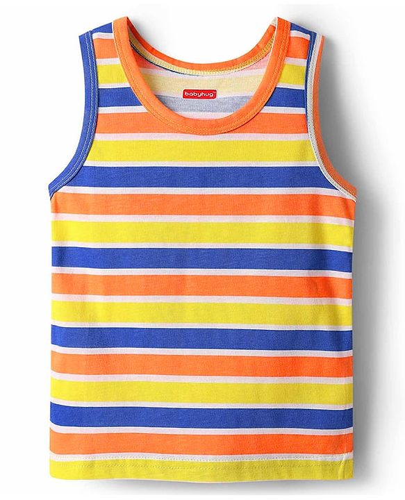 Babyhug 100% Cotton Single Jersey Knit Sleevelss Sando & Shorts Set With Stripes - Orange & Yellow